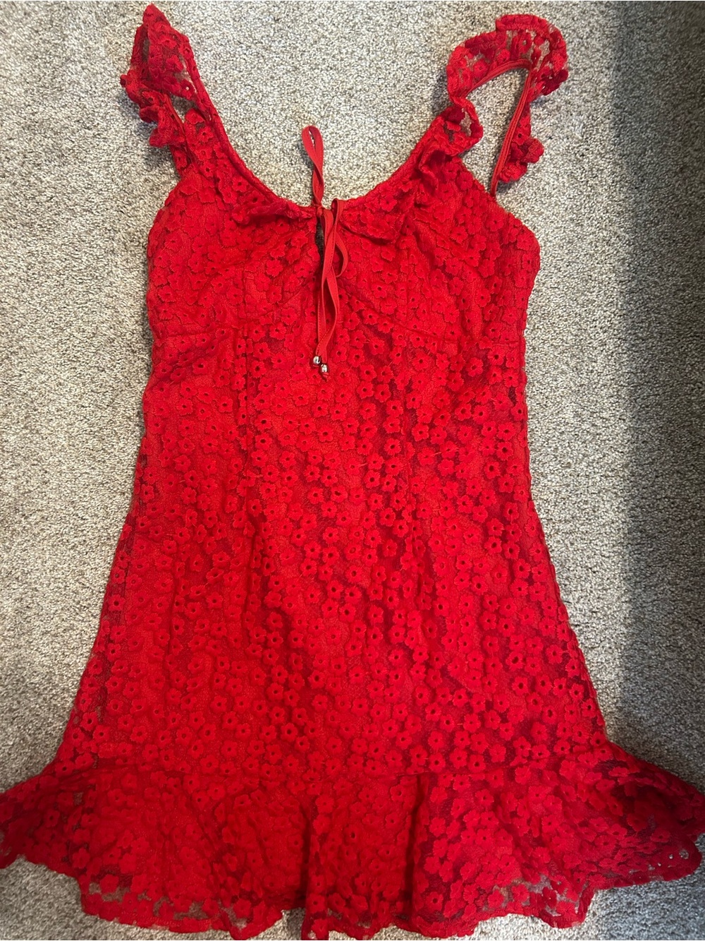 Red Lace Mini Dress with Ruffle Hem